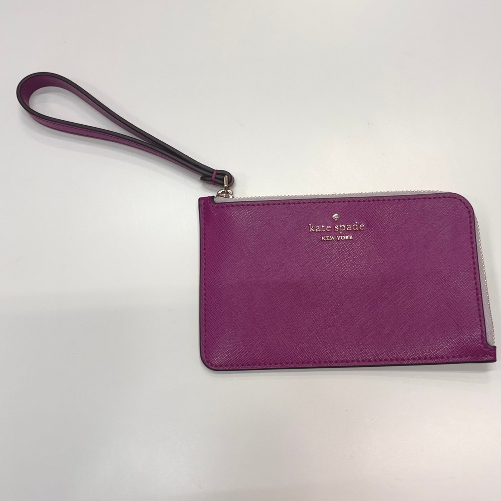 Kate Spade New York Magenta Saffiano Leather L-Zip Wristlet Pouch Purple Gold